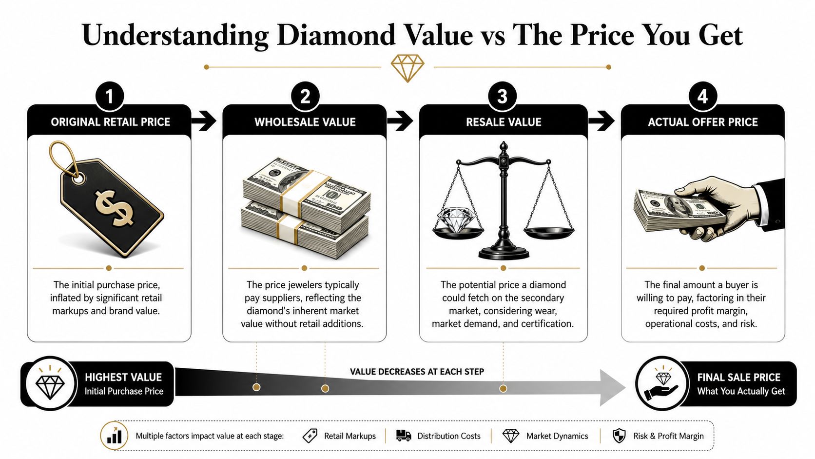 A diagram illustrating the four steps of diamond valuation from initial retail price to final resale value.