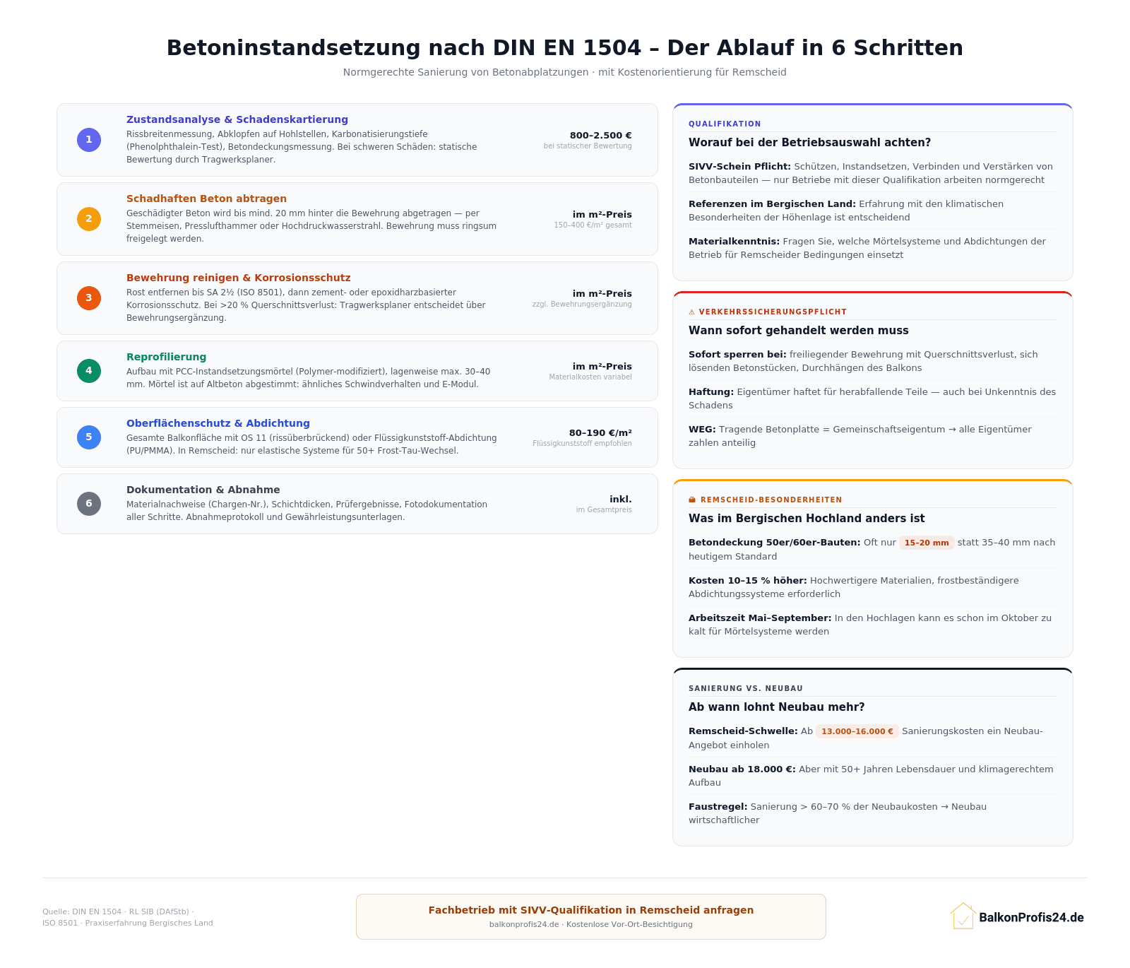 Infografik: 6-Schritte-Ablauf einer normgerechten Betoninstandsetzung nach DIN EN 1504 – mit Kosten pro Schritt, SIVV-Qualifikationshinweis und Remscheid-Besonderheiten