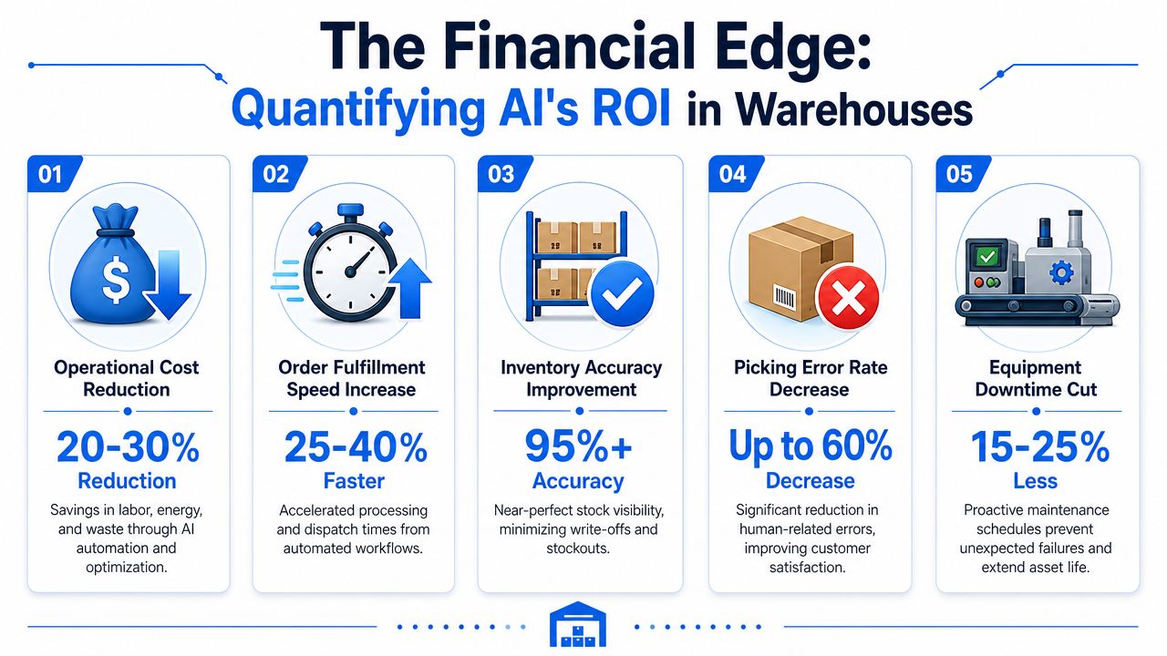 An infographic titled The Financial Edge, illustrating five key benefits and statistics of AI implementation in warehouse management.