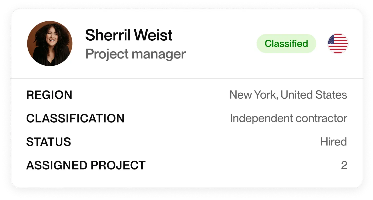 Talent profile card showing a classified project manager based in New York, United States, listed as an independent contractor with two assigned projects.