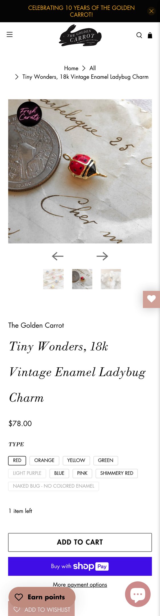 Jewelry product options include: bracelet, pendant for Tiny Wonders, 18k Vintage Enamel Ladybug Charm from The Golden Carrot.