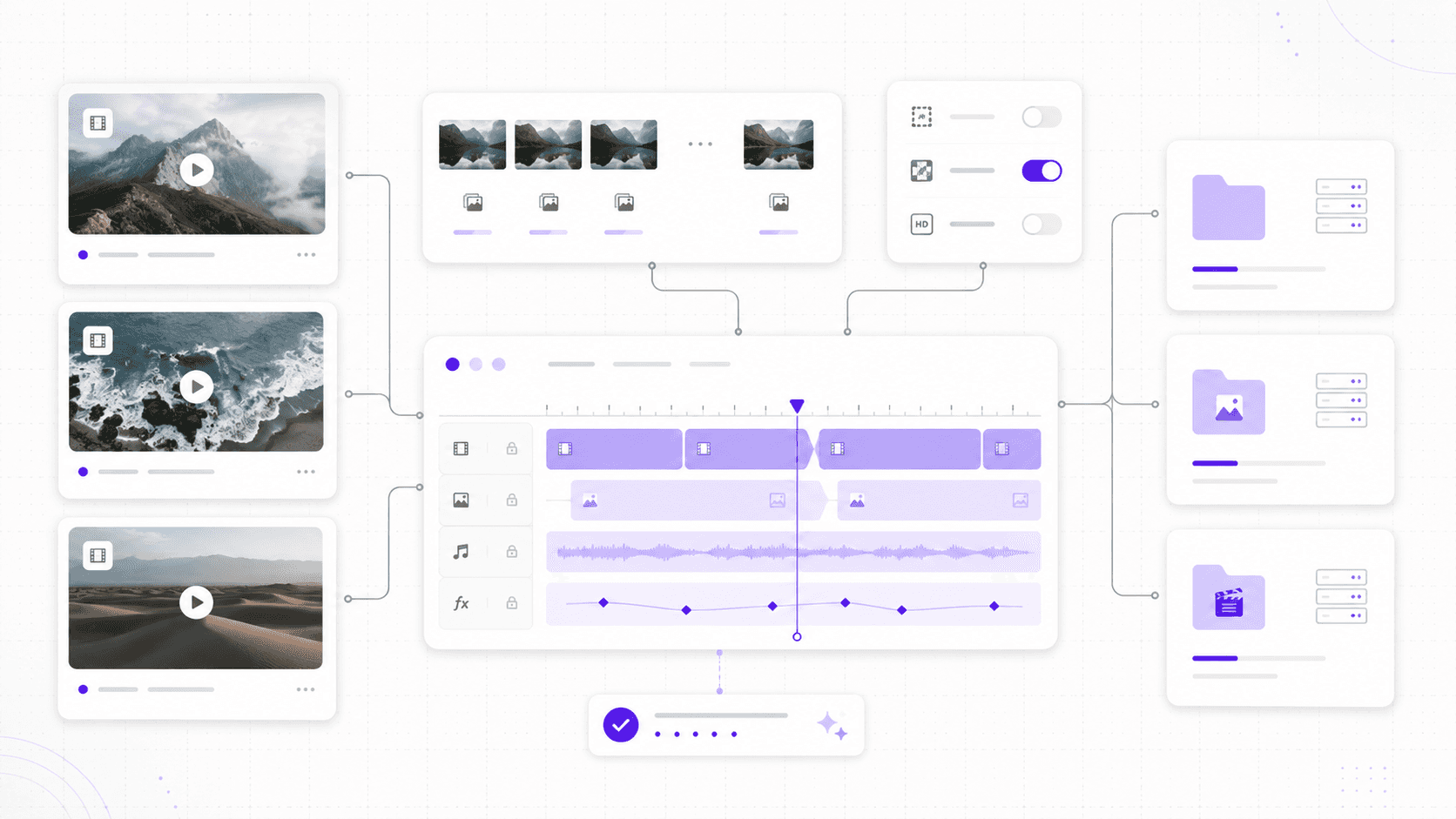 A minimal media organization illustration with video thumbnails, image sequence strips, proxy toggles, storage folders, and a clean timeline receiving optimized footage.