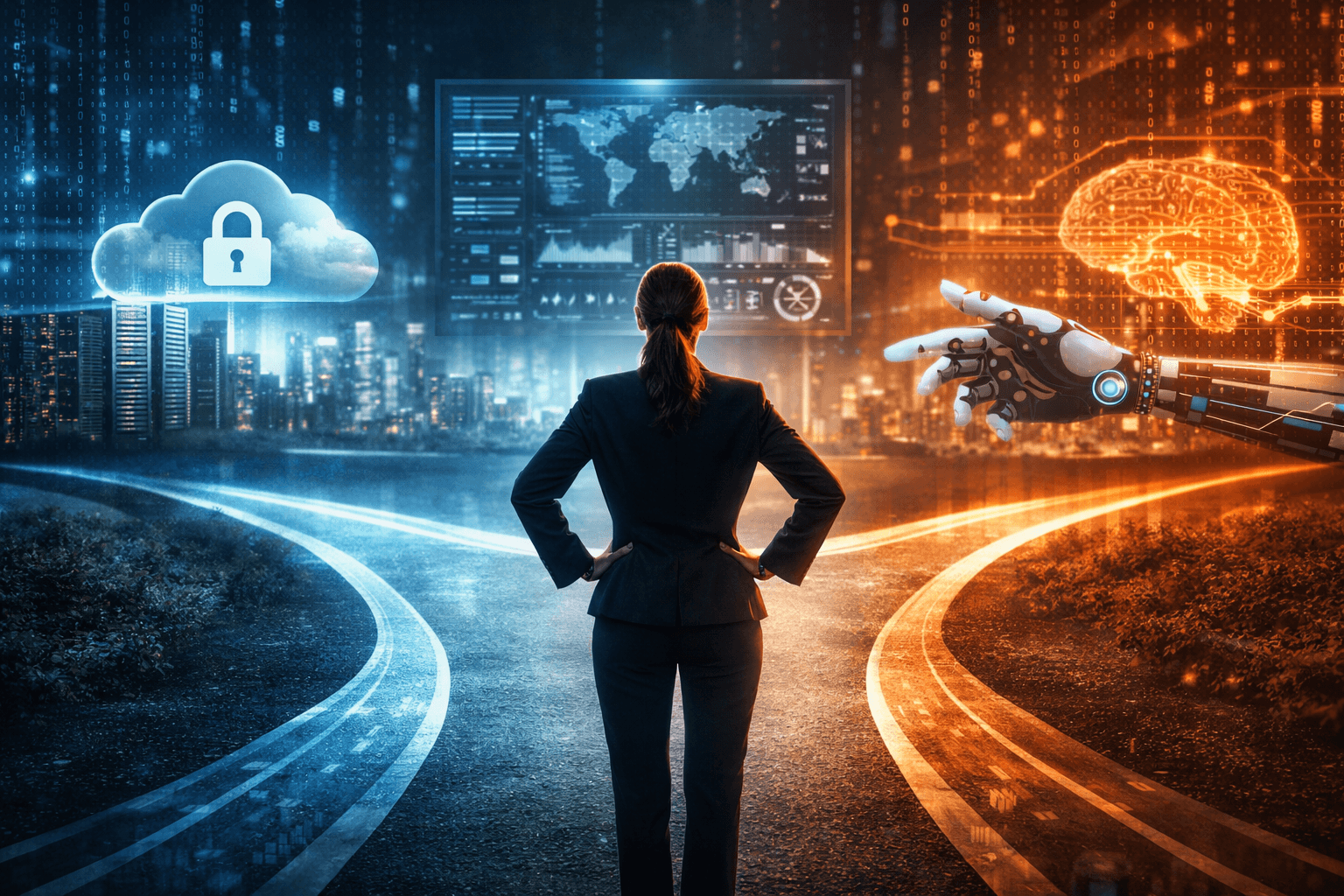 Frau steht an futuristischer Weggabelung.