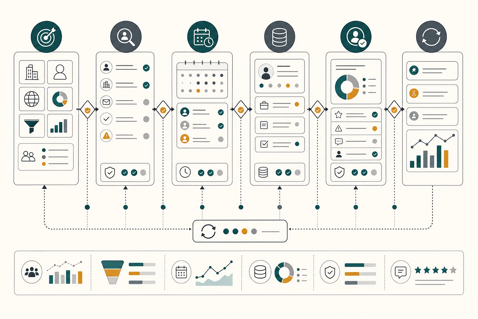 Sales pipeline handoff showing qualified meetings and feedback loops