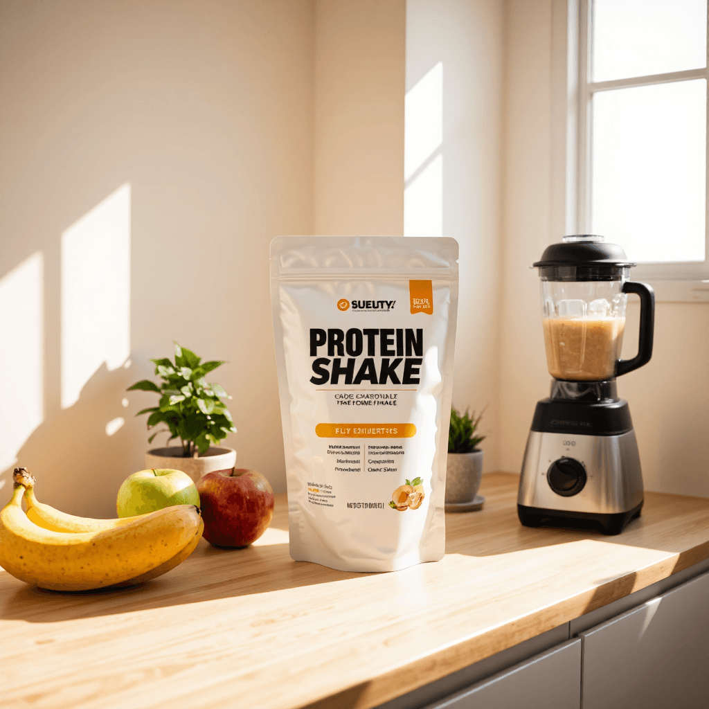 product photography of a pouch of protein shake