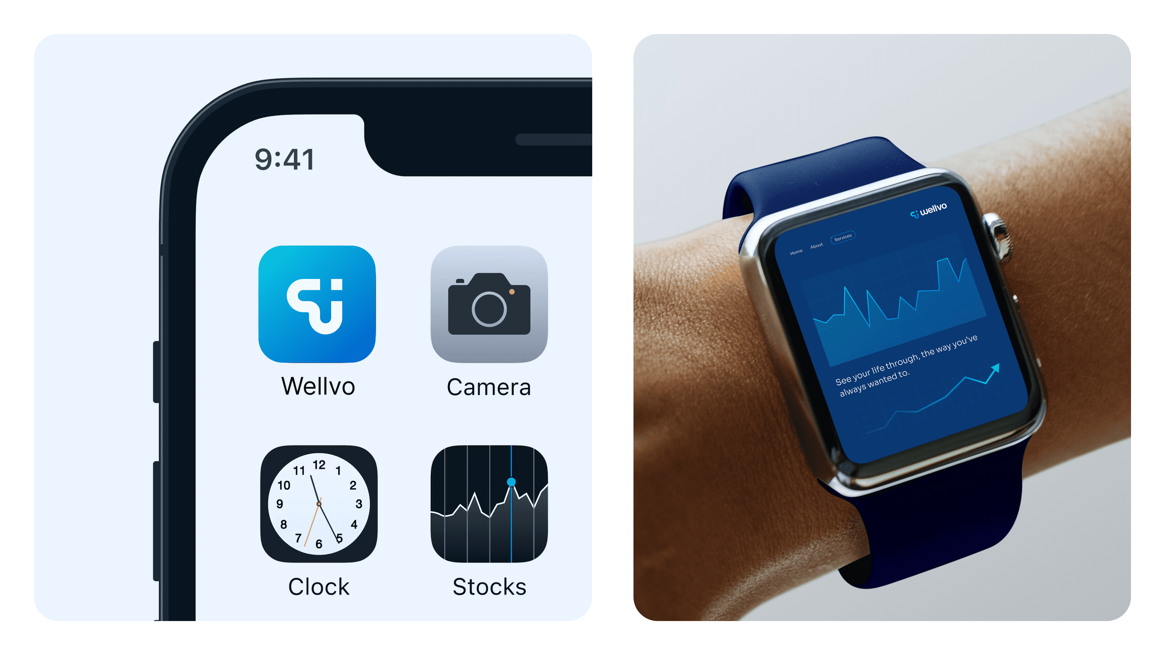 A side-by-side view of a smartphone home screen with app icons and a person wearing a smartwatch displaying a health graph