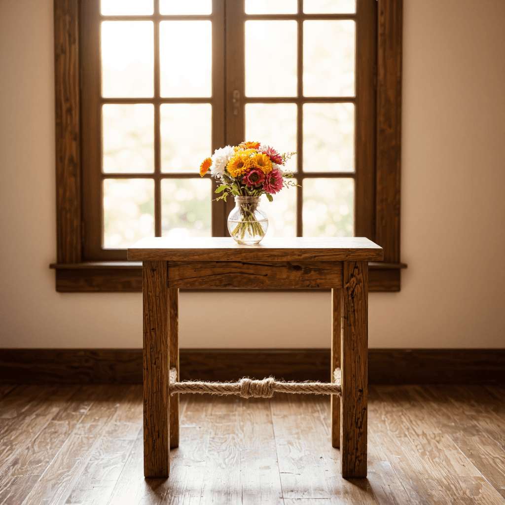 product photography of a small wooden table with a rope border, used for decorative purposes