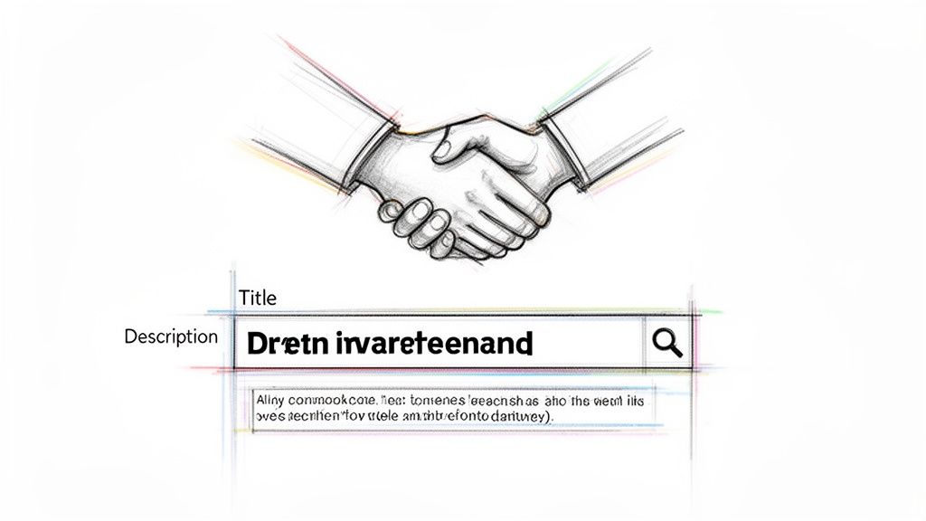 A detailed sketch of two hands shaking above a search bar with 'Title' and 'Description' labels.