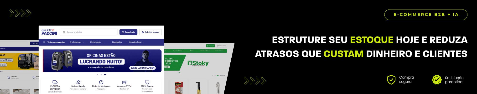 Banner horizontal com fundo escuro, ícones de segurança e satisfação, e imagens de lojas B2B exibidas à esquerda. Elementos gráficos em verde destacam o tema de e-commerce B2B com IA.