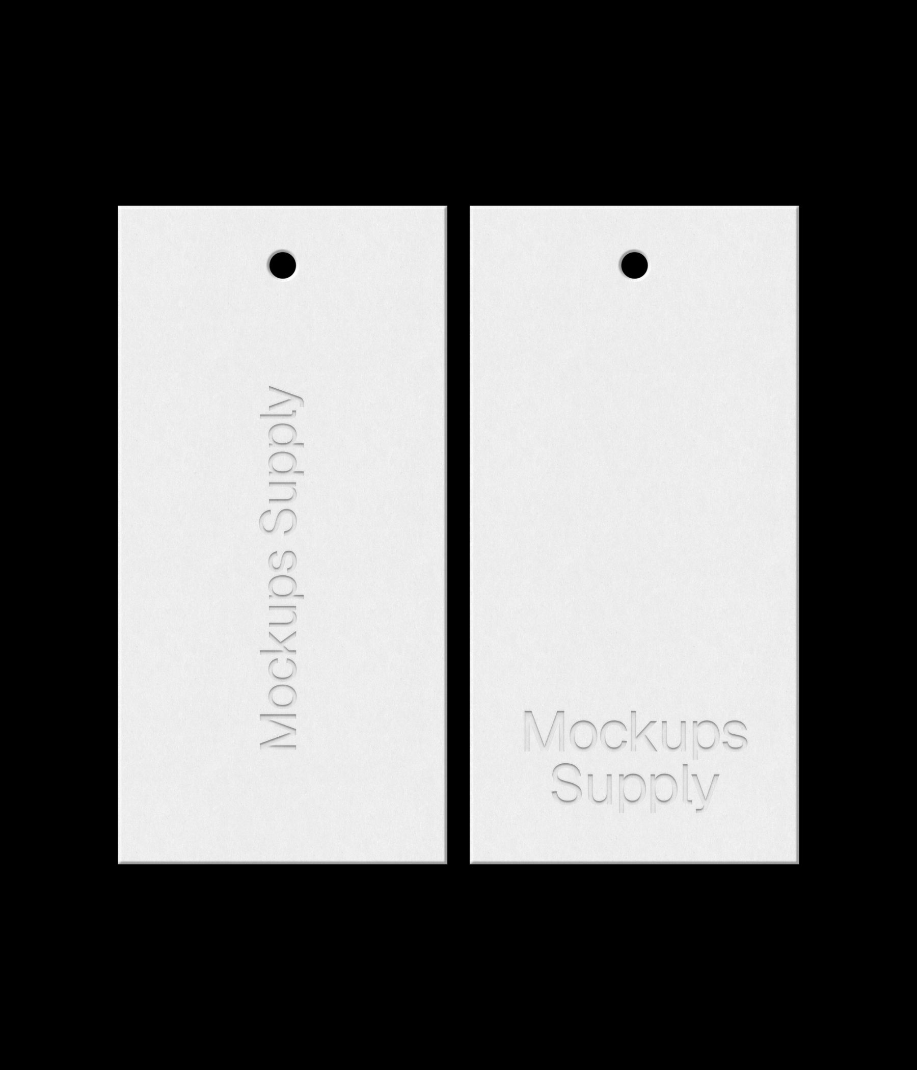 White 1x2 hang tag mockup with debossed logo effect on black background for Photoshop download psd