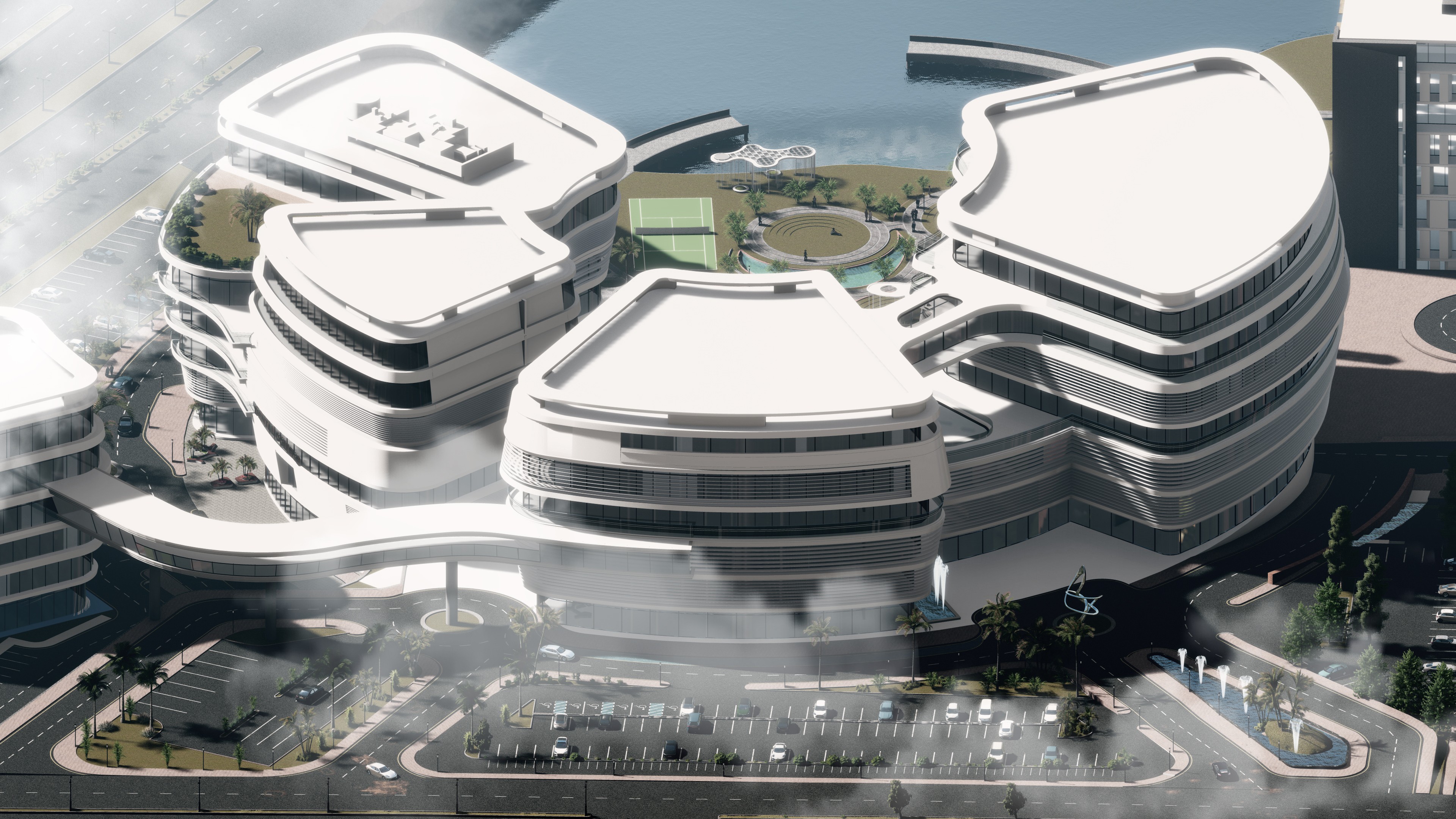 The 500 Bed Teaching CSC Hospital is a state-of-the-art healthcare facility in Islamabad designed by Saud Architects, featuring a curvilinear plan around a central courtyard with views toward the Kheri-Murat Range.