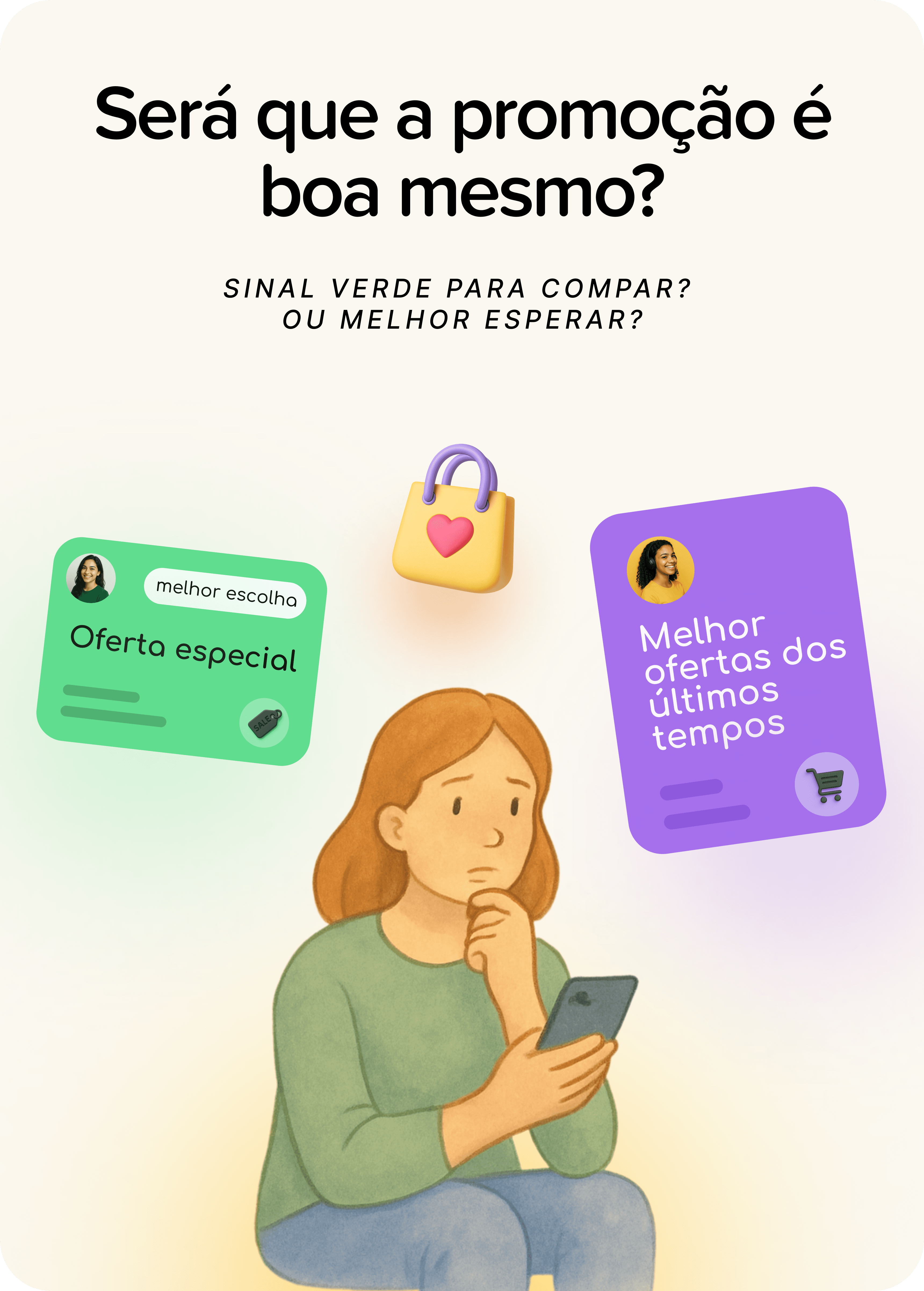 Mulher olhando o celular e analisando duas promoções de pontos e milhas, comparando ofertas recentes para decidir se vale a pena comprar agora ou esperar.