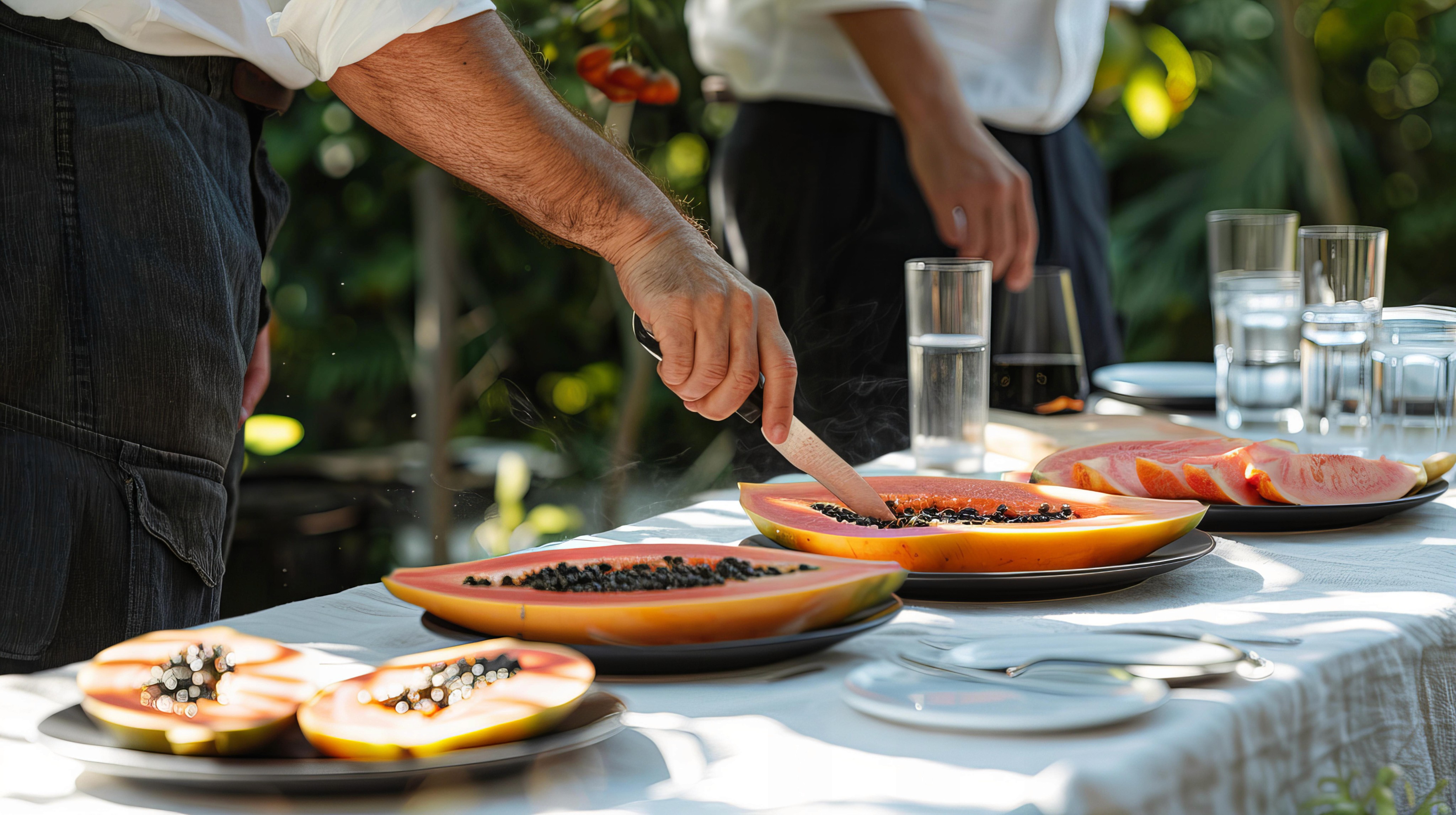 Two people serving food from wooden platters at an outdoor dining setup. A table is set with a white tablecloth.