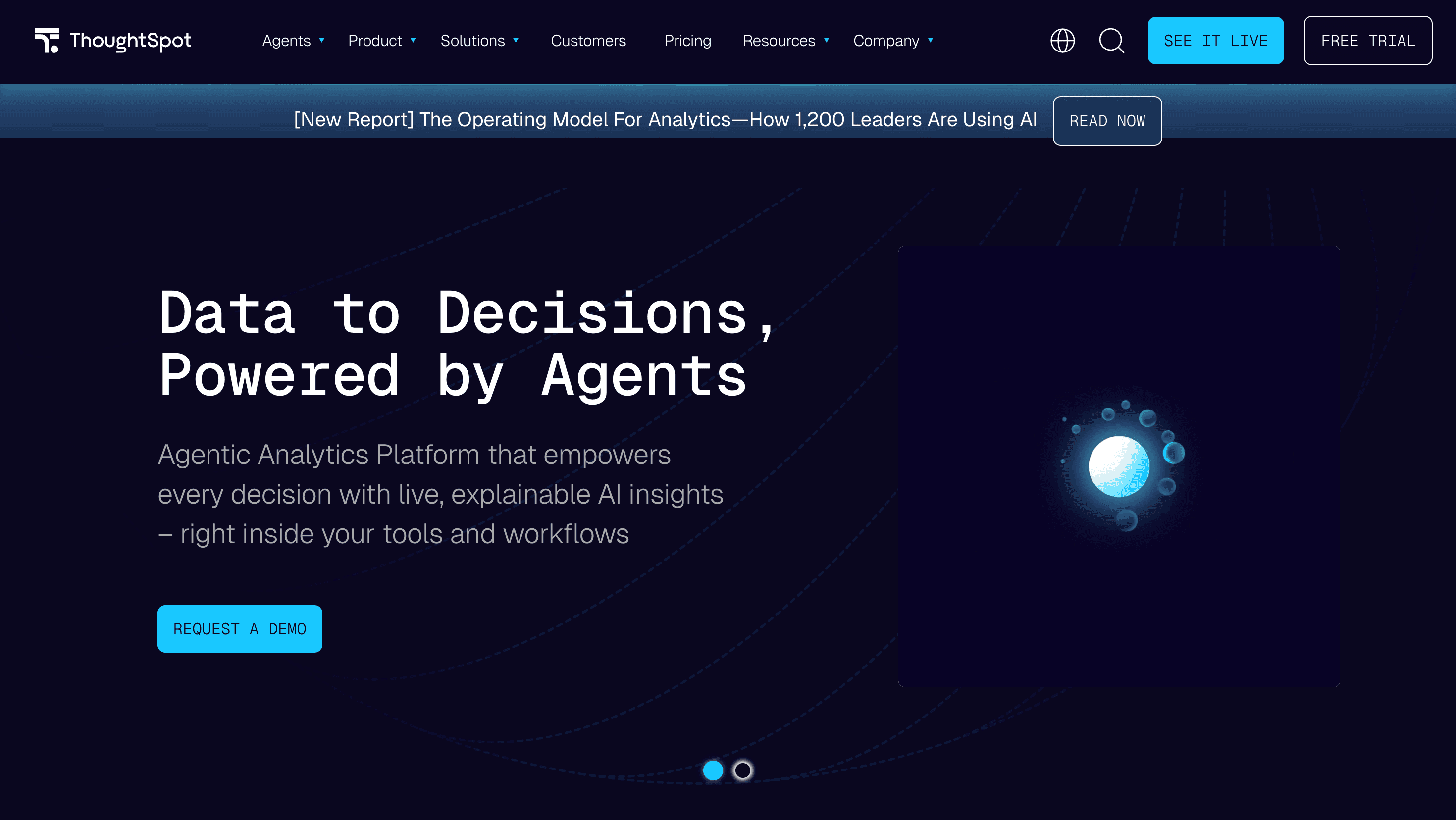 ThoughtSpot agentic analytics platform homepage highlighting “Data to Decisions, Powered by Agents” with AI-driven analytics insights embedded in workflows.