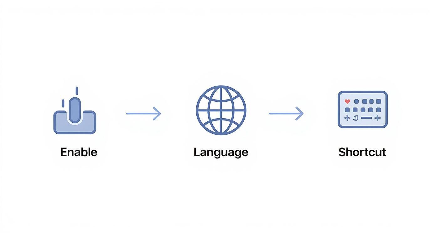 Infographic detailing the 3-step process to set up MacBook dictation: Enable, set Language, and choose a Shortcut.