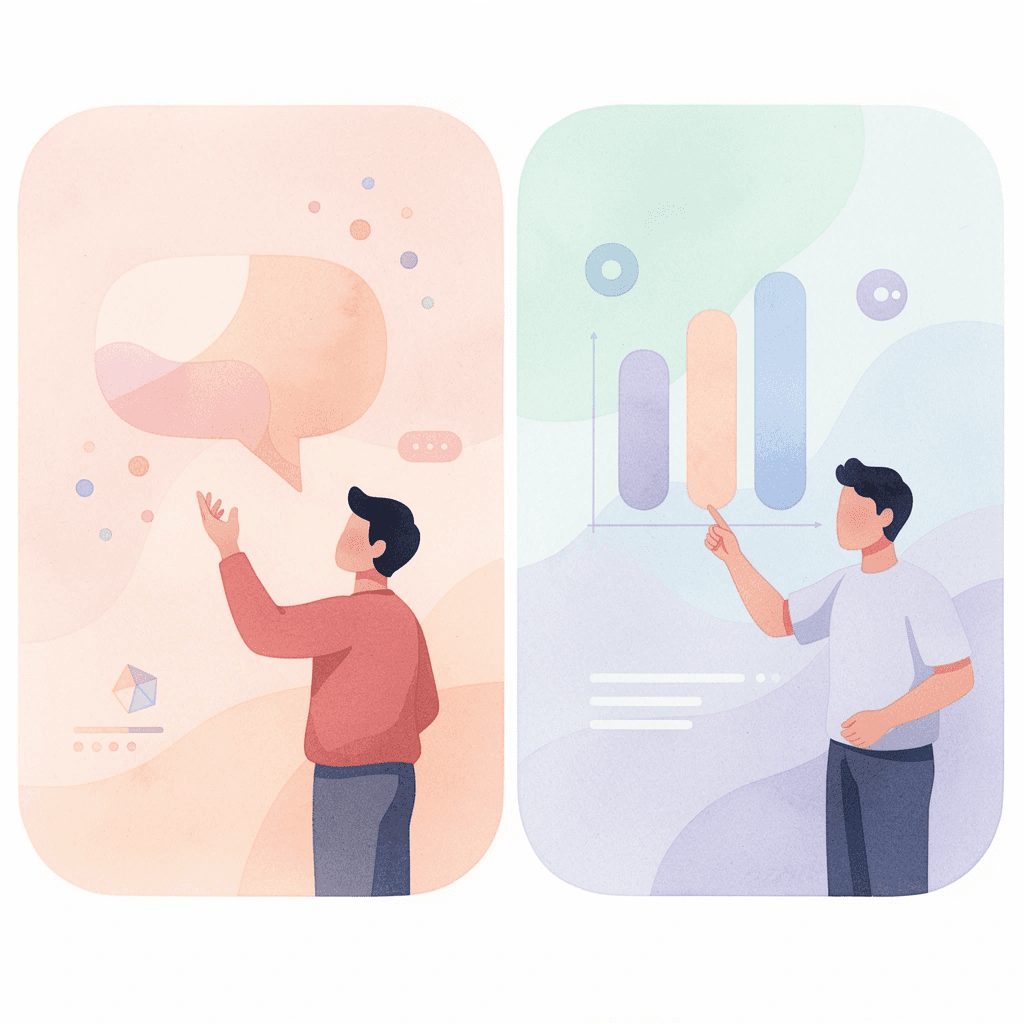 Split scene showing the contrast between struggling with vowels in theory versus speaking confidently