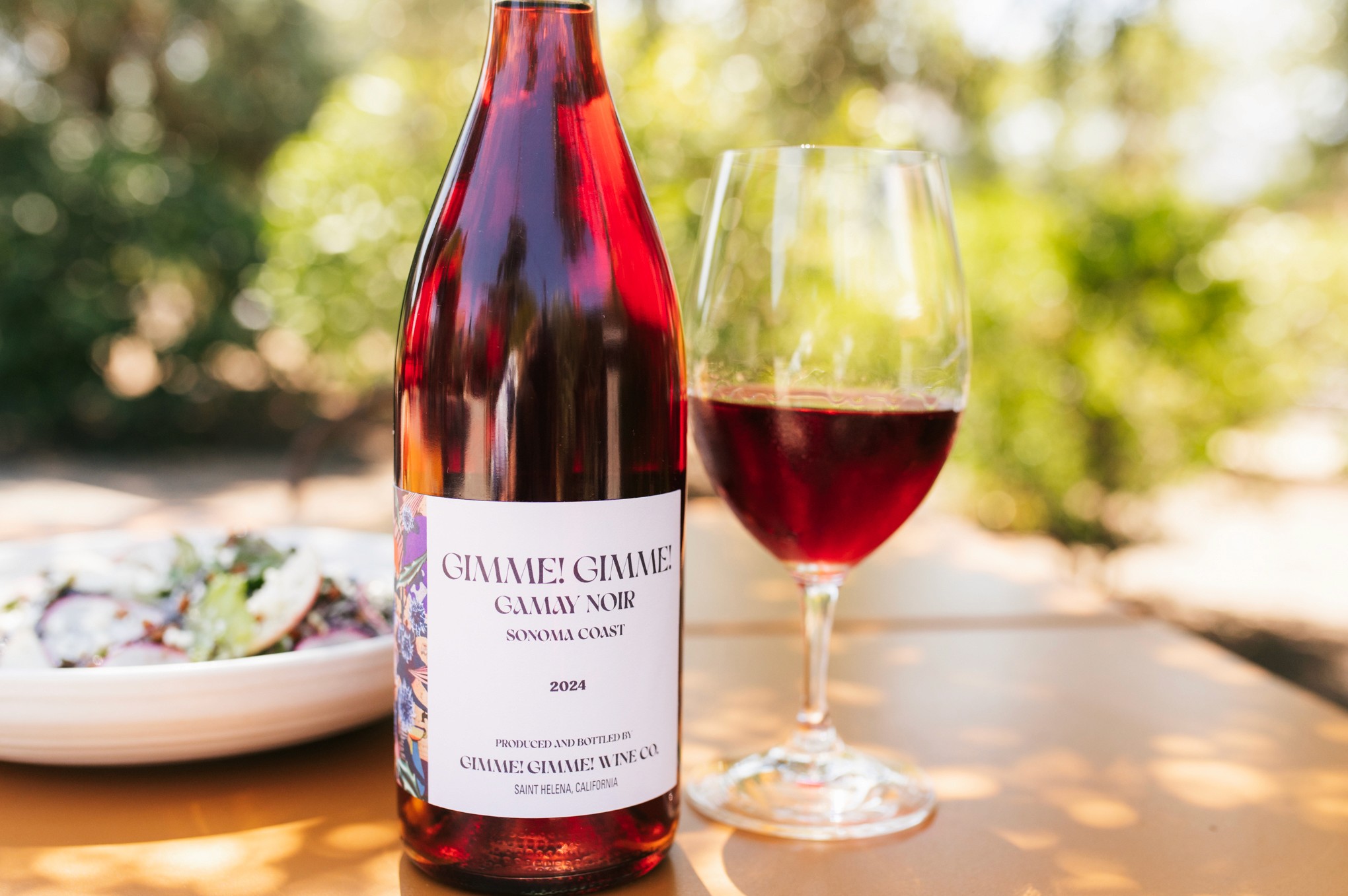 Gimmie! Gimmie! Gamay wine bottle and wine glass