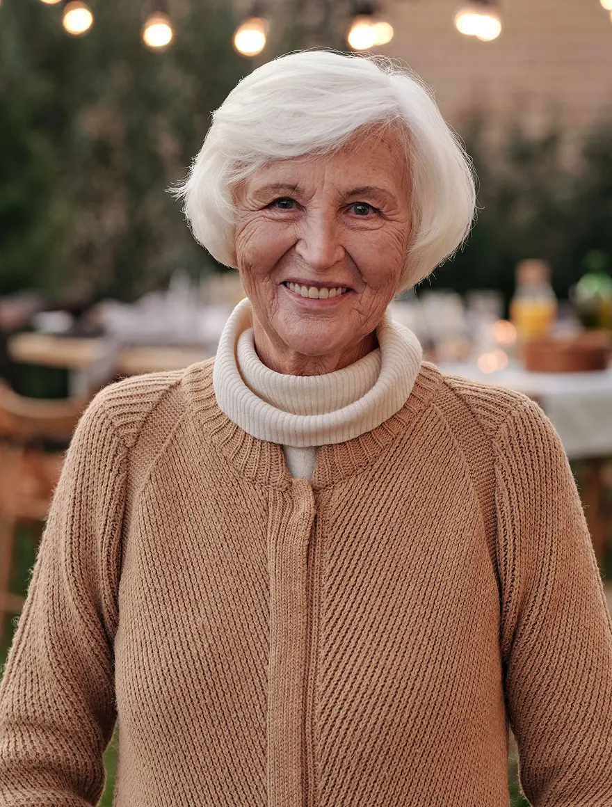 Smiling elderly woman standing outdoors in a welcoming residential care community.