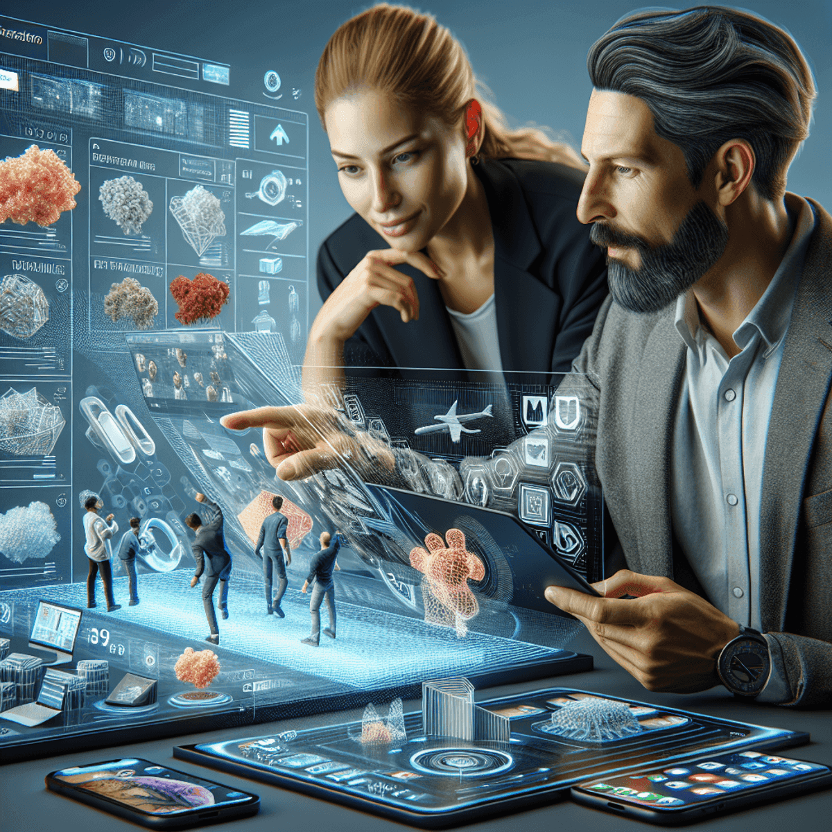  3D product rendering technology, interacting with holographic displays to visualize products and data, emphasizing collaboration and innovation in e-commerce.