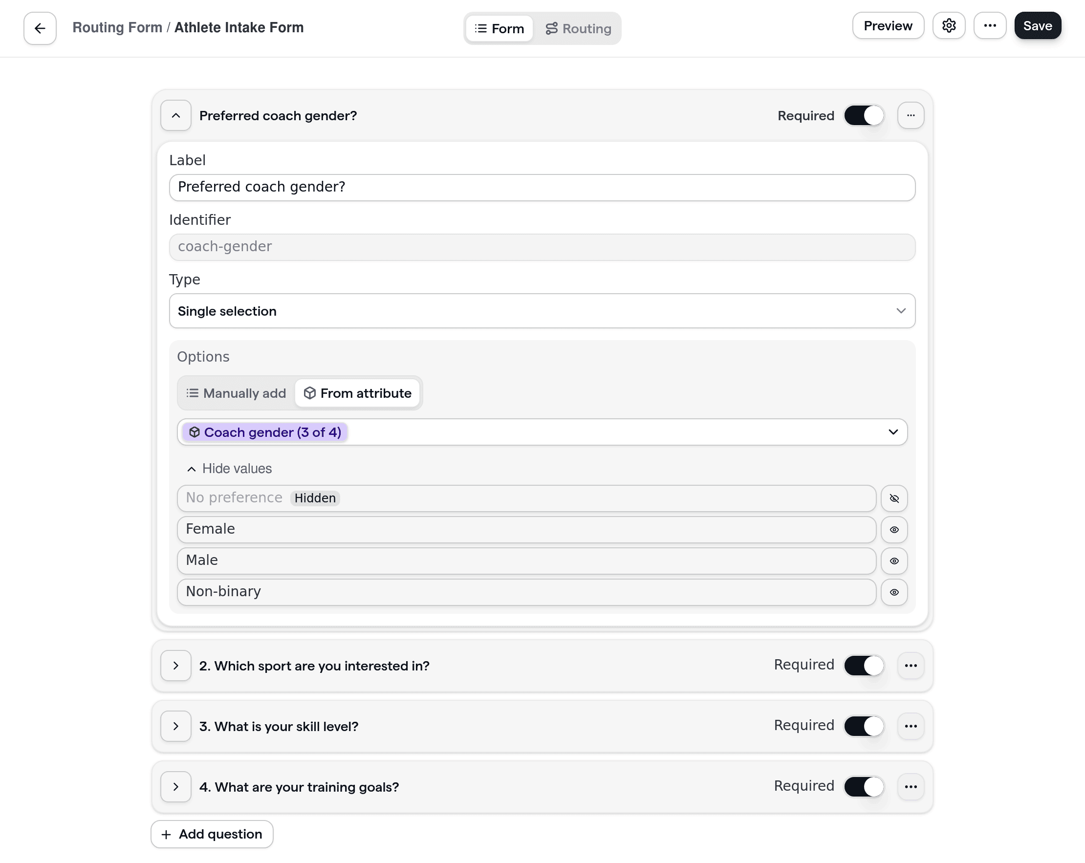 Cal.com routing form showcasing the creation of a customizable form with dynamic questions for sports coaching. The form is tailored for athletes seeking training, allowing them to specify sport, skill level, and preferred coach attributes.