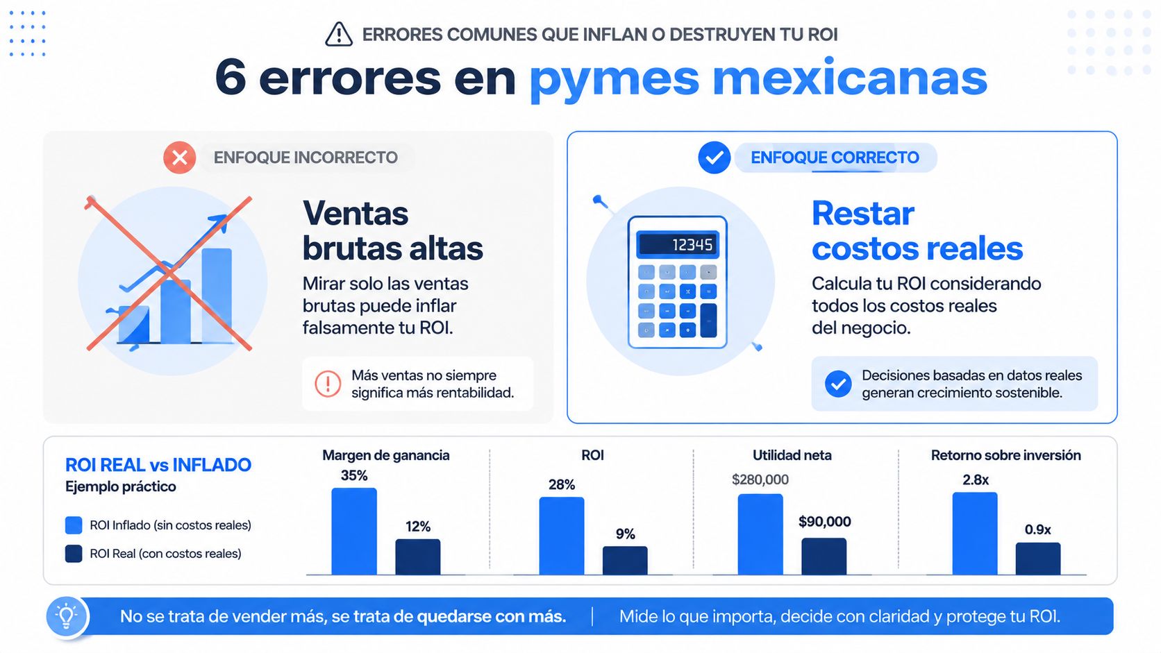 Infografía sobre cómo calcular el ROI real restando todos los costos operativos en pymes mexicanas.