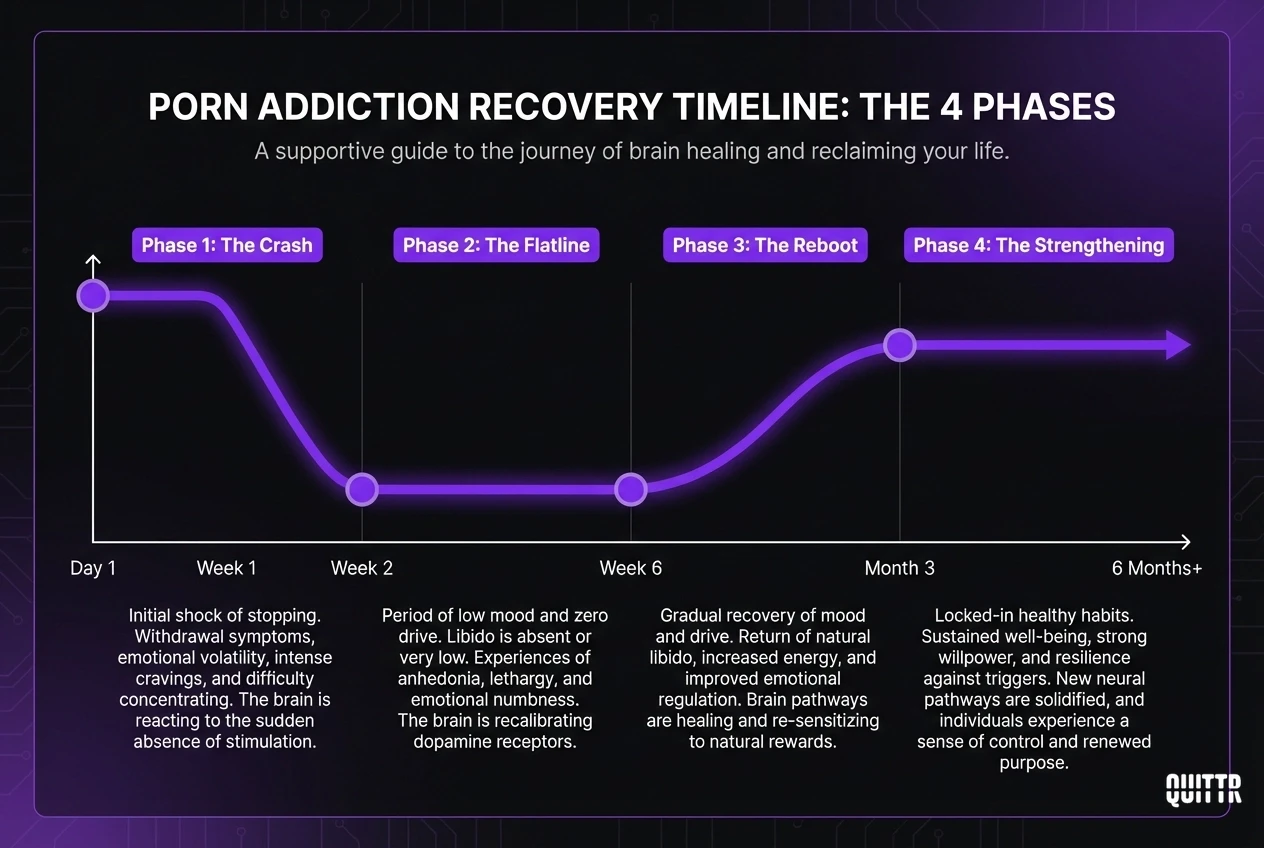 Diagram showing the 4 phases of porn addiction recovery from the crash through flatline, reboot, and strengthening over 90 days to 6 months