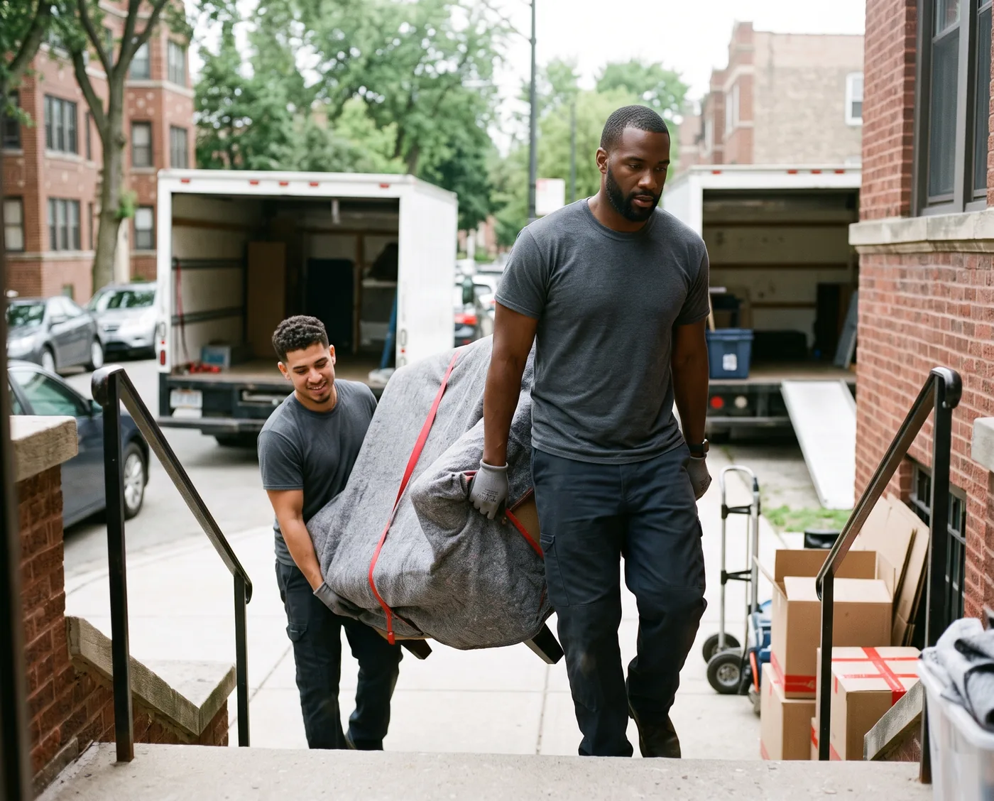 Two movers carrying a blanket-wrapped sofa down the front steps to the truck