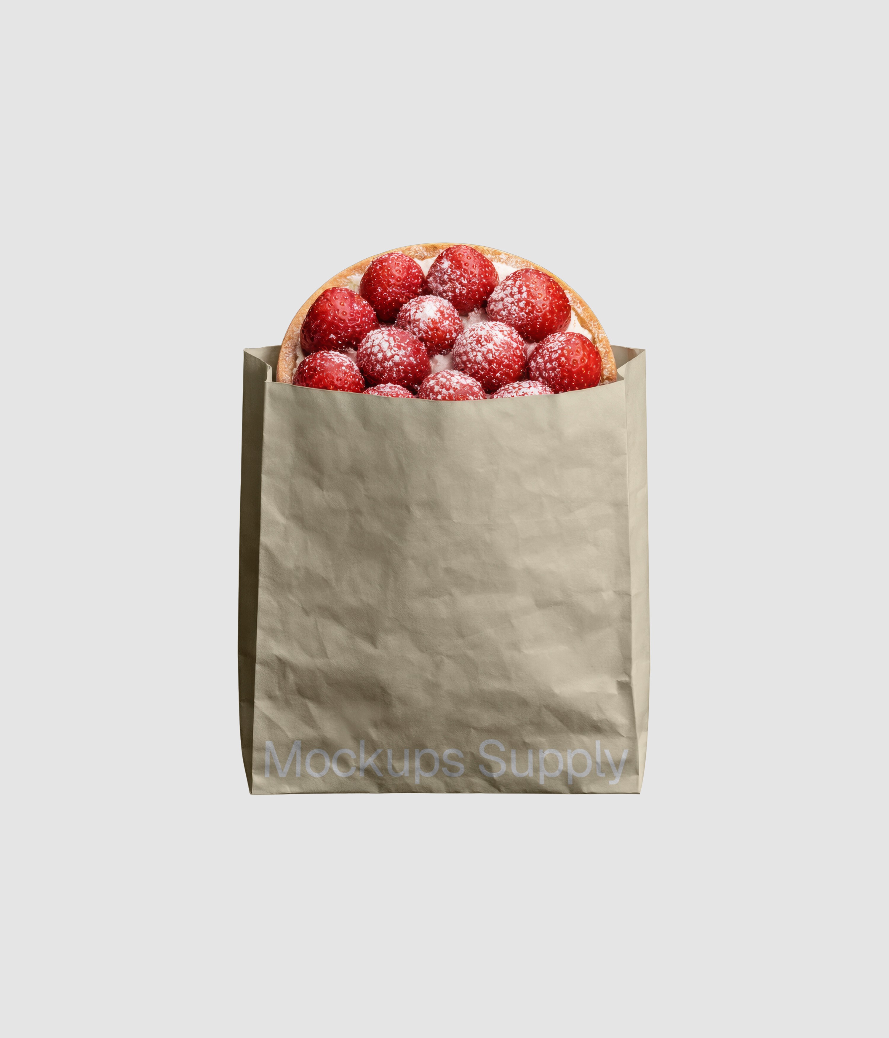 Strawberry tart pastry packaging mockup PSD showing dessert branding presentation in paper bag