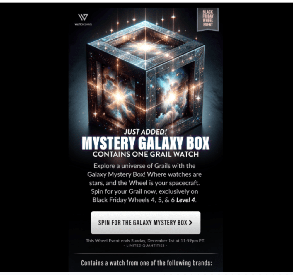 WatchGang promotional banner for the Galaxy Mystery Box containing one grail watch, featuring a limited-time offer with a spinning wheel