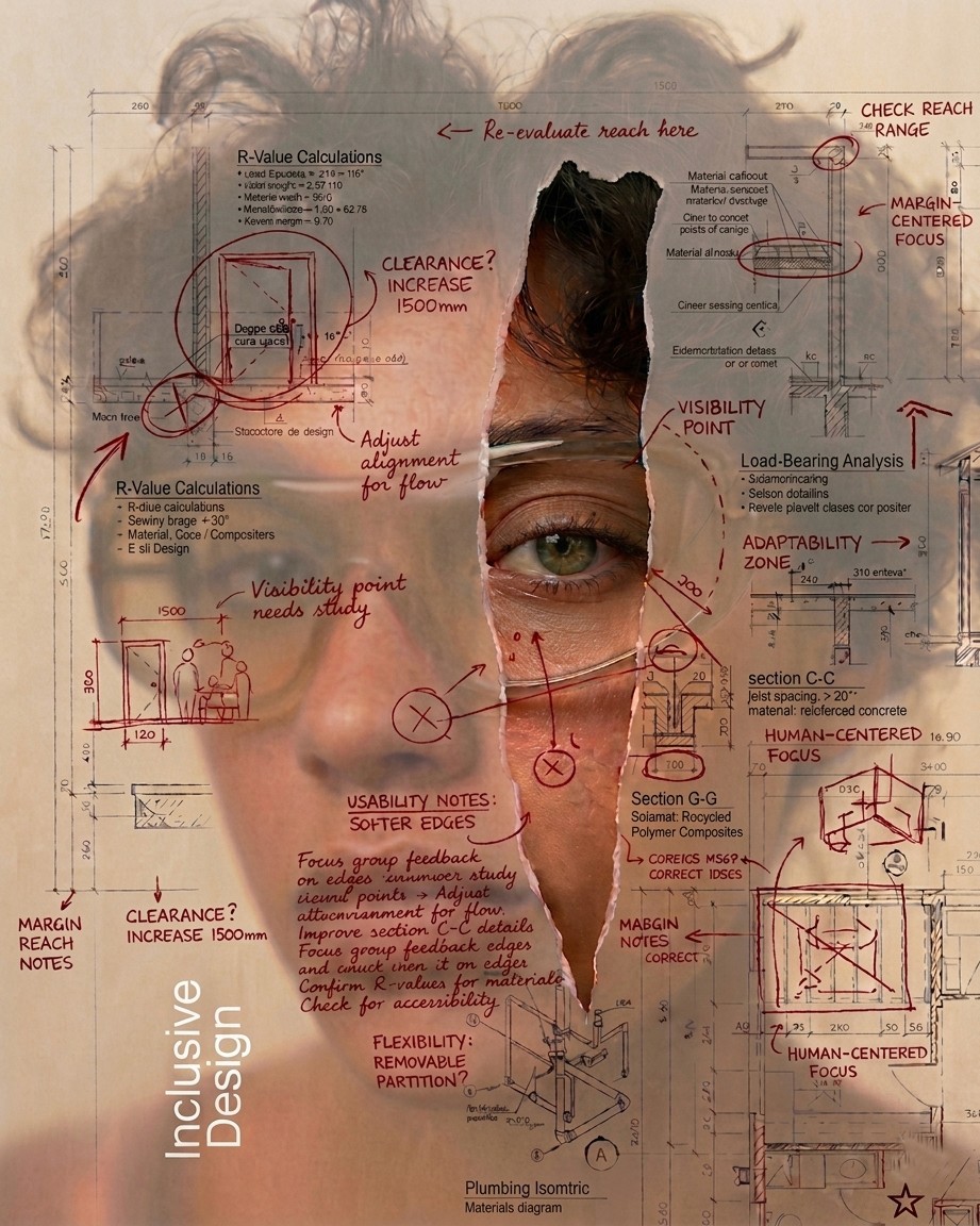 A torn architectural blueprint reveals a woman's face and direct gaze. Red handwritten annotations surround the tear, noting "human-centered focus" and "visibility point." The words "Inclusive Design" appear at the lower left.