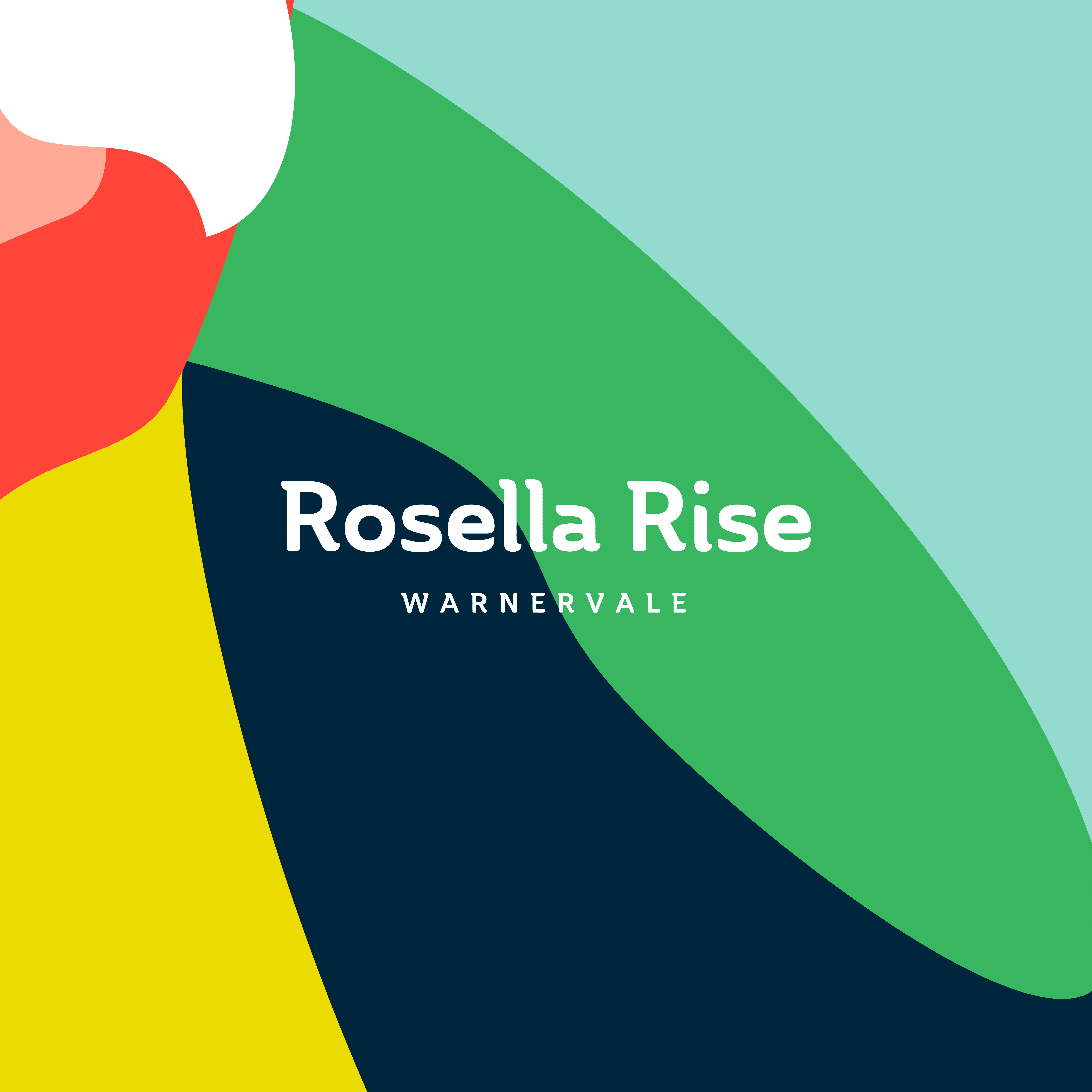 Abstract design with overlapping shapes in red, green, yellow, and blue. Text reads "Rosella Rise, Warnervale" in white against a colourful backdrop.