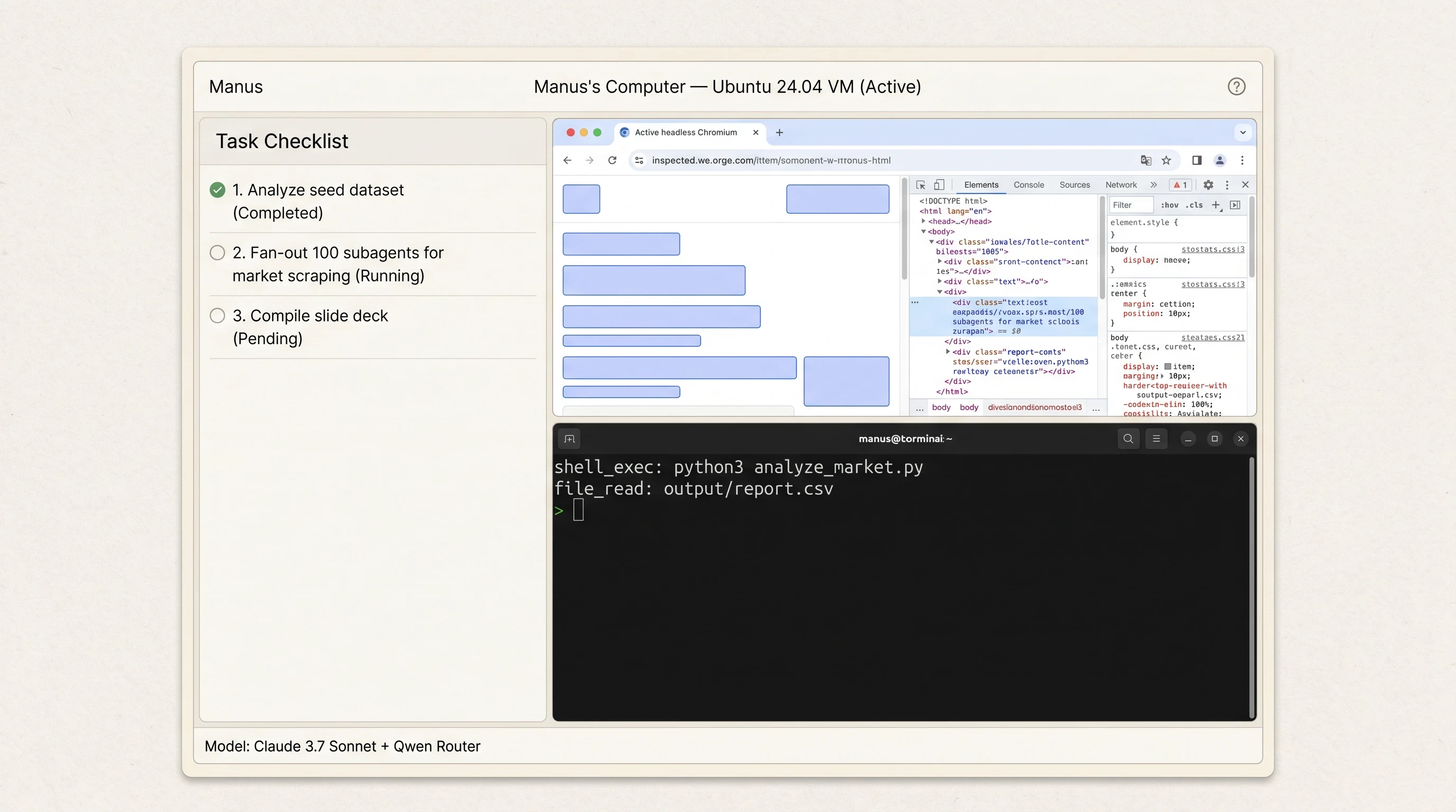 Teaching reconstruction of the Manus Computer interface showing active Chromium browser Linux terminal logs and task checklist