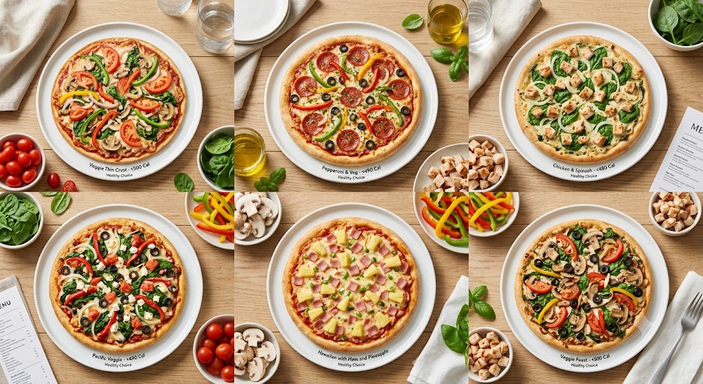 An eye-catching overhead photo comparing six healthy Domino's-style pizzas under 500 calories, including Veggie Thin Crust, Chicken Spinach, and Hawaiian, on a light wood table with fresh ingredients. perfect for healthy fast-food options.