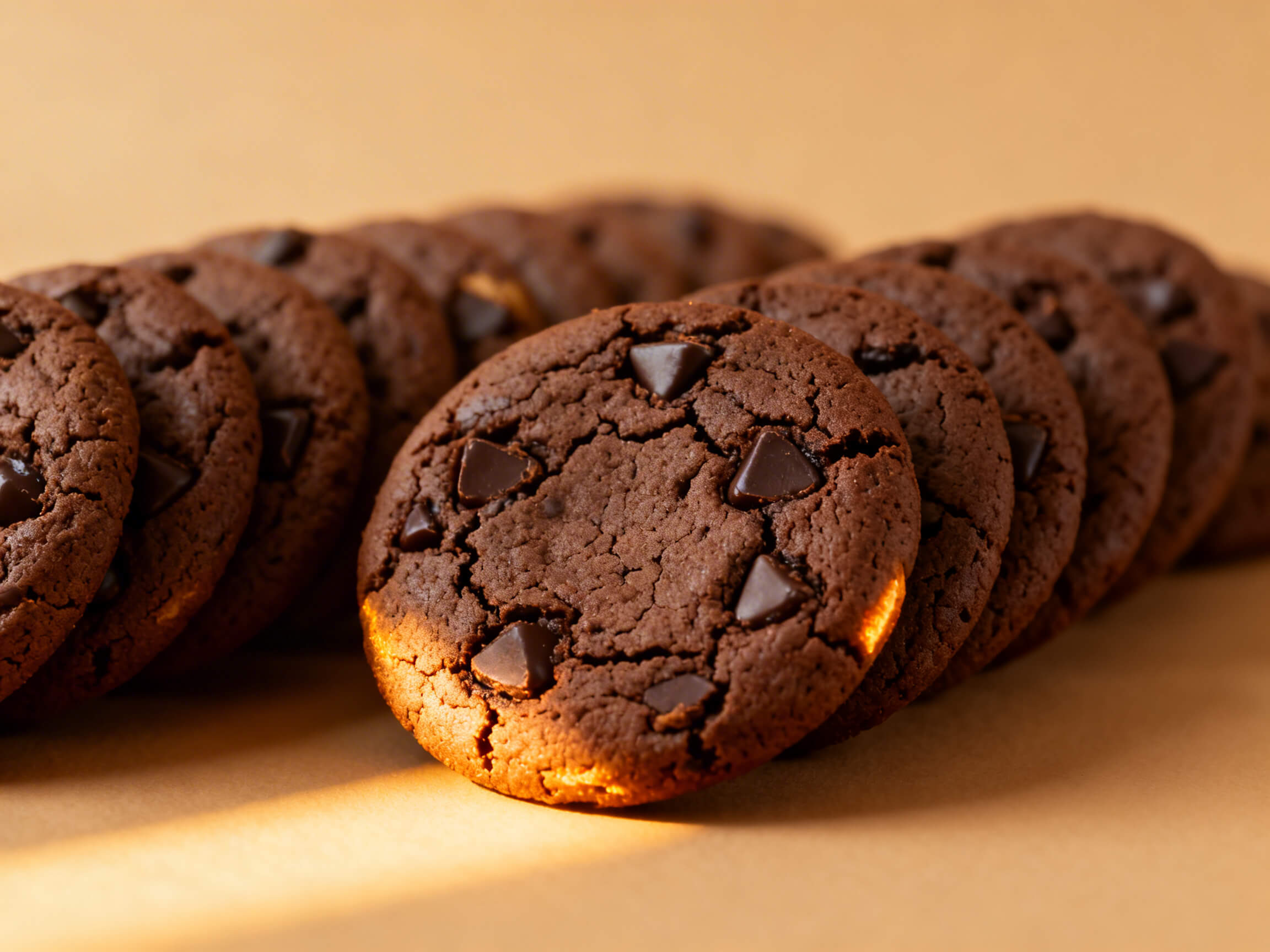 Double chocolate cookie with a dark, rich texture on a deep brown background