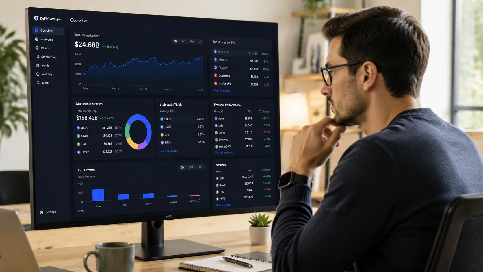 A professional man analyzing cryptocurrency DeFi market data and trends displayed on a large computer monitor.