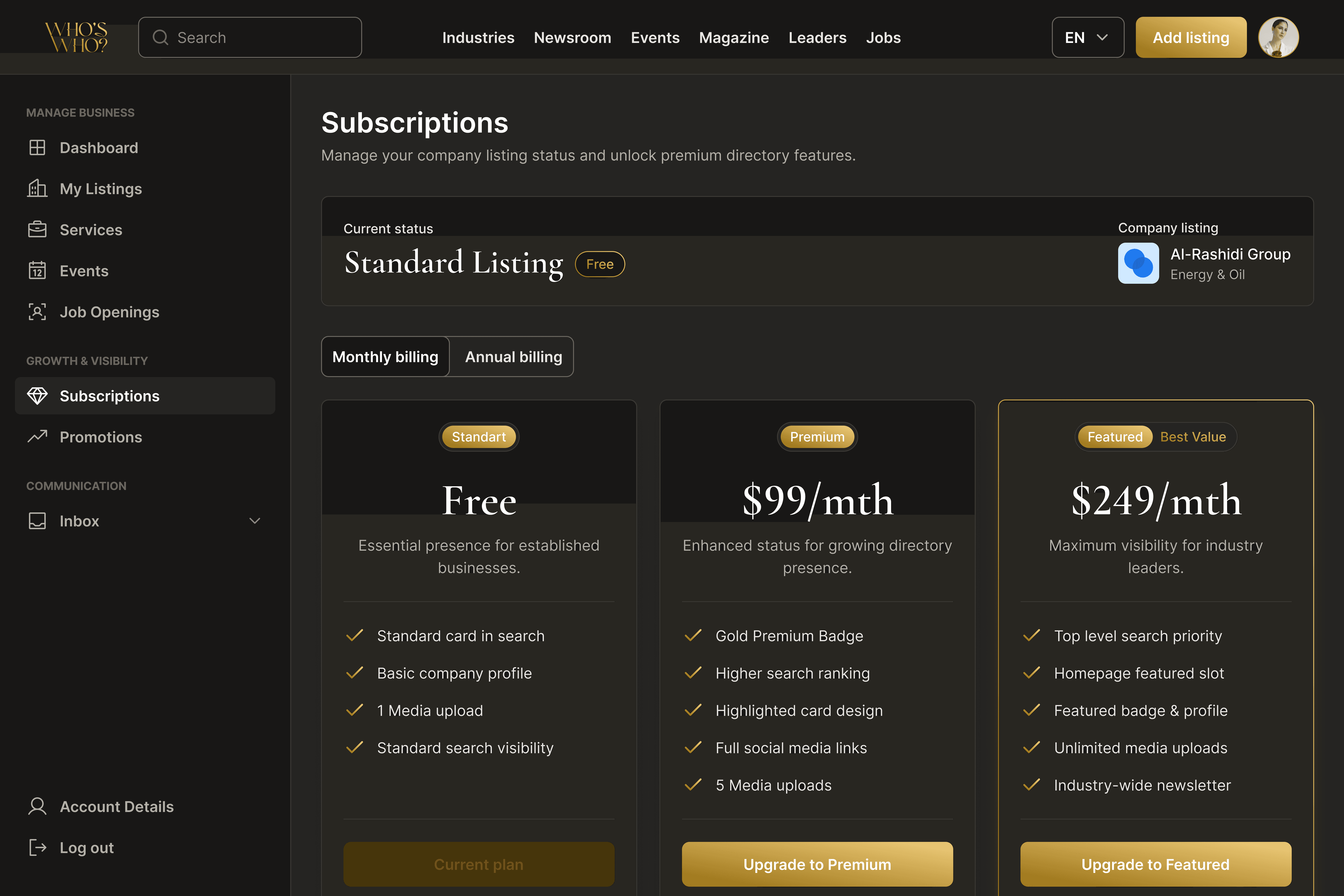 Subscription tiers — clear differentiation between Free, Premium, and Featured plans