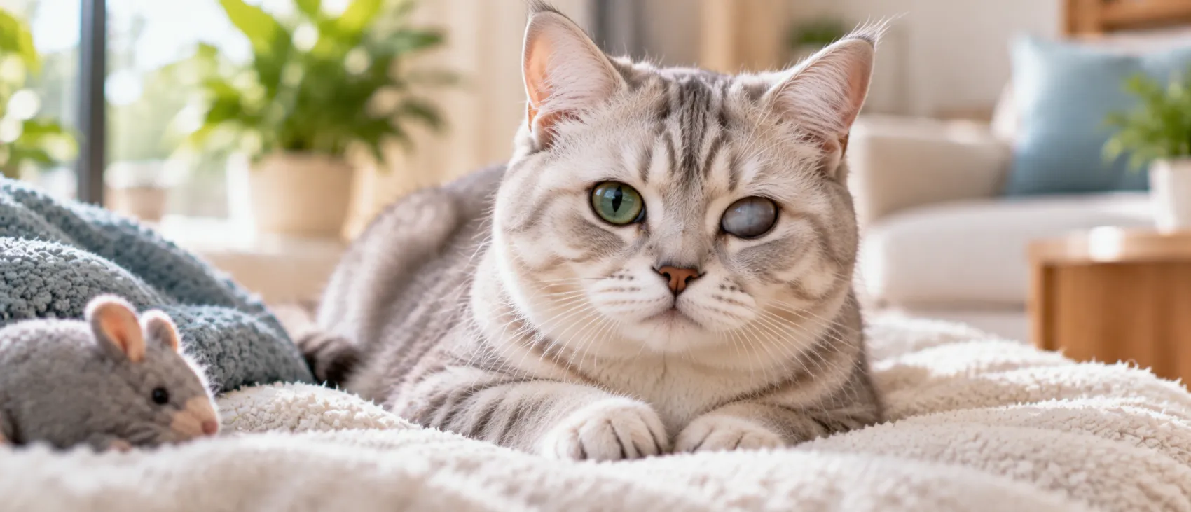A grey tabby cat shows a cloudy, affected eye, a visible sign of a corneal ulcer in cats.