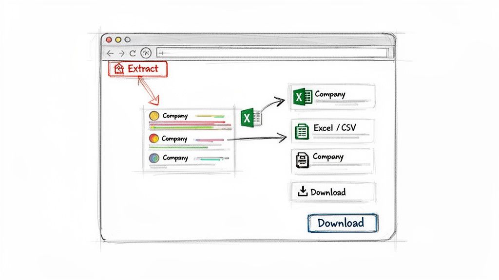 A sketch illustrating the process of extracting web data, likely company information, into Excel or CSV formats for download.