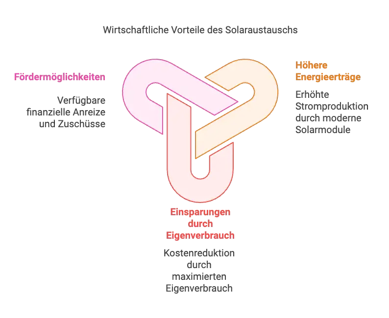 Wirtschaftliche Vorteile wie: Fördermöglichkeiten, Höhere Energieerträge und Einsparungen durch Eigenverbrauch erleichtern die Entscheidung, die alte PV-Anlage durch eine Neue zu ersetzen.