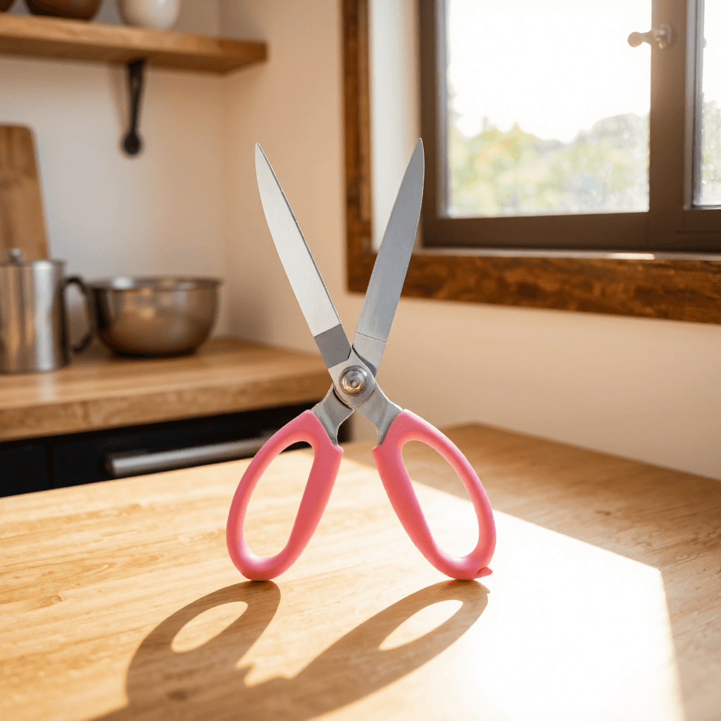 product photography of a pair of scissors with a pink handle