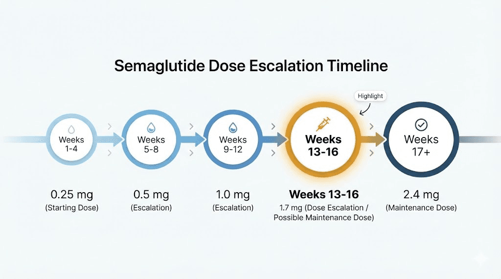 Semaglutide dose escalation timeline highlighting the 1.7 mg step 4 dose