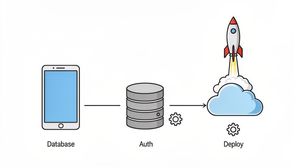A diagram illustrating the software deployment process: from a mobile device, through a database and authentication, to cloud deployment.