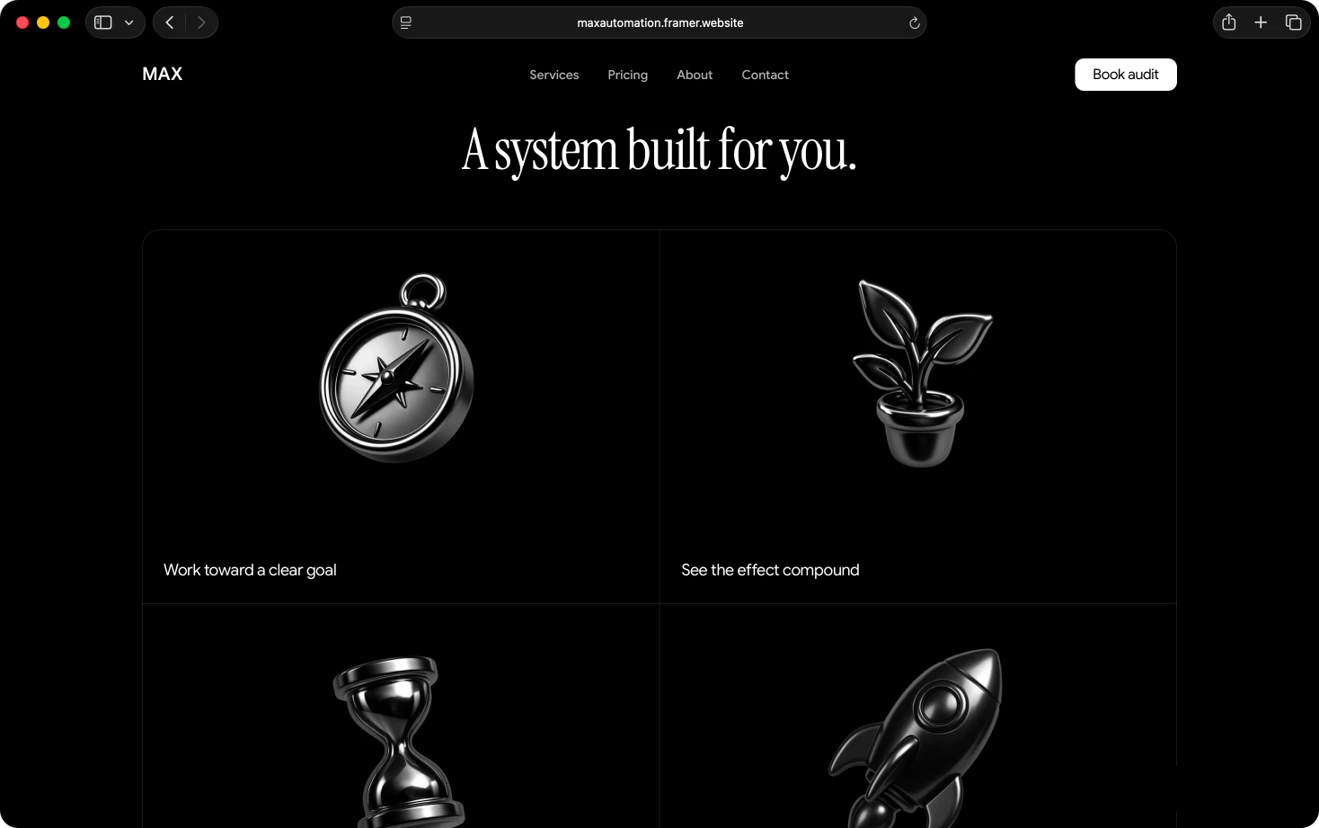 Sektionen ”A system built for you” i MAX-mallen med 3D-renderade kromobjekt i ett mörkt rutnät.