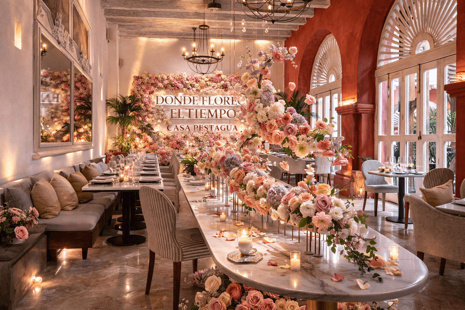 Artistic fashion portrait with colorful floral and avant-garde wallpaper