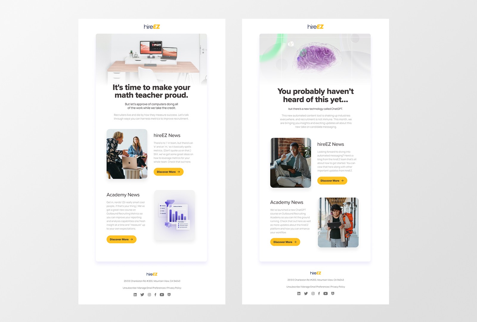 HireEZ monthly email newsletter showed in a two column grid