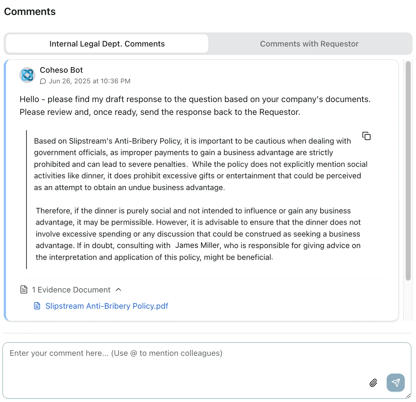 Image shows first pass AI review with suggested response with evidence to a request sent to the legal team.