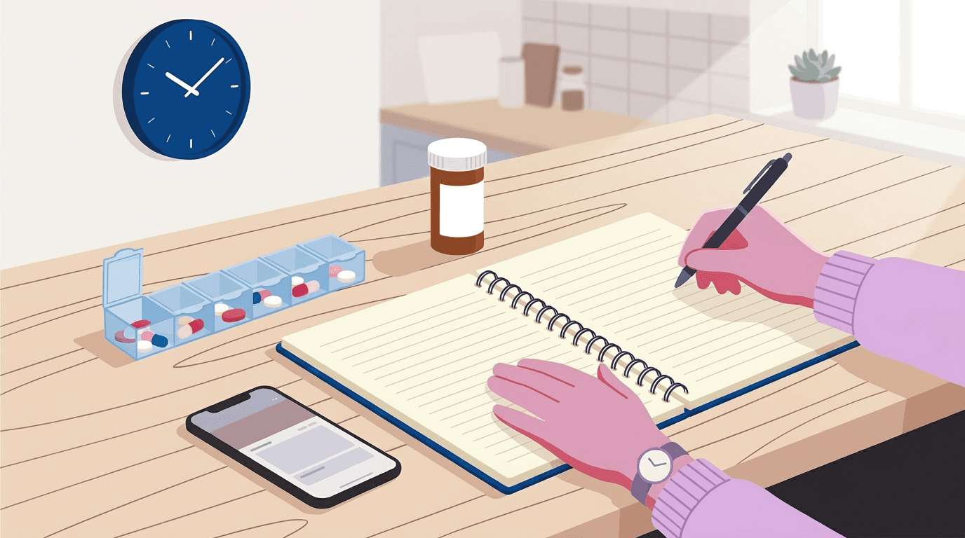 Illustration of a caregiver organizing medications at home with a notebook, pill organizer, and prescription bottle