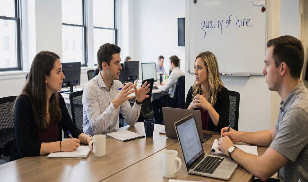 Business meeting at an office table with quality of hire written on a whiteboard in the background