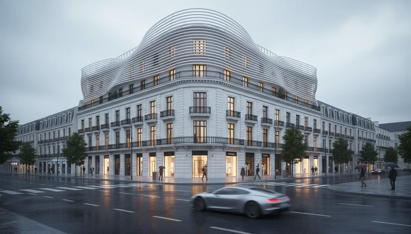 Photorealistic 3D render, Twinmotion style, architectural visualization of a modern city street on an overcast, rainy day. The main building features a striking contrast between its lower classical white facade with black ironwork balconies and a futuristic, fluid, parametric rooftop addition with horizontal white louvers. The wet asphalt road shows crisp reflections from the warm, glowing lights inside the building's windows and ground-floor storefronts. Soft global illumination, with a silver sports car in the foreground captured with long exposure motion blur.