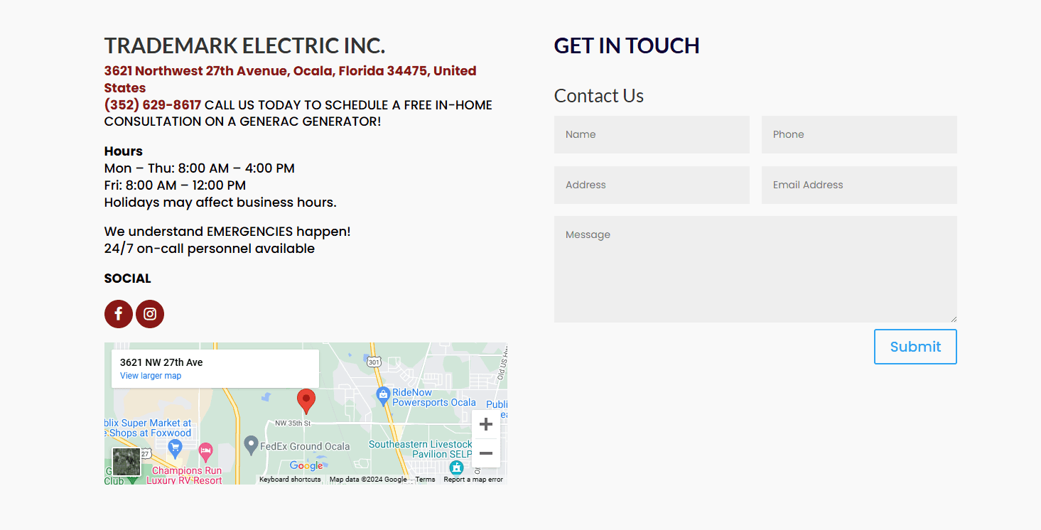 contact us page of an electrician website